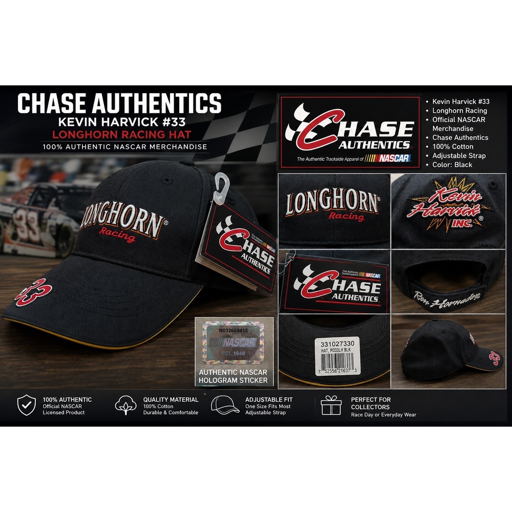 Chase Authentics NASCAR Longhorn Racing 33 Kevin Harvick Ron Hornaday Black Hat